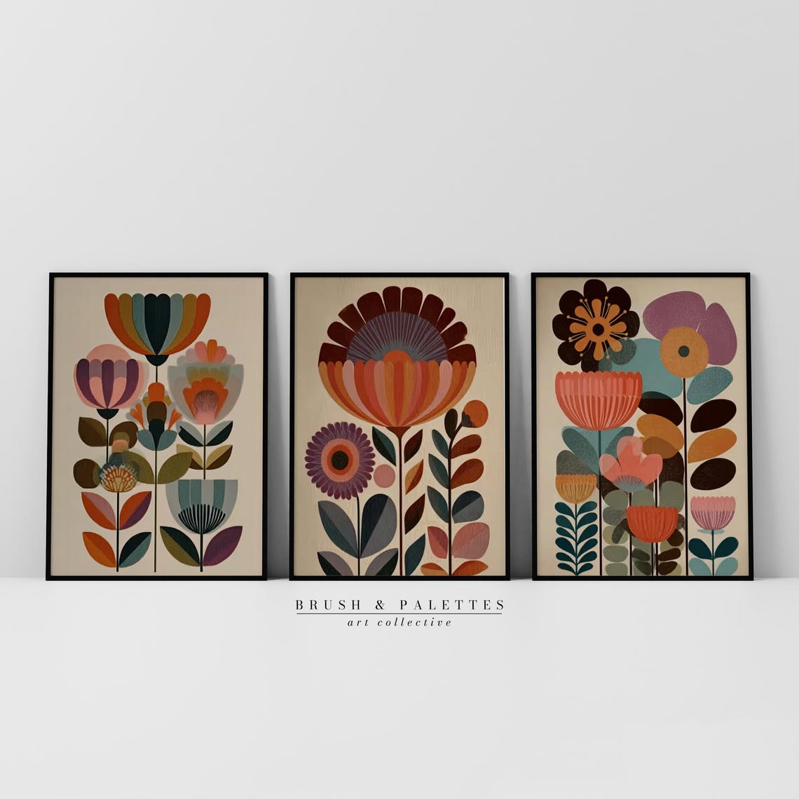 Mid Century Modern Retro Floral Trio Warm Botanical Abstract Print Set