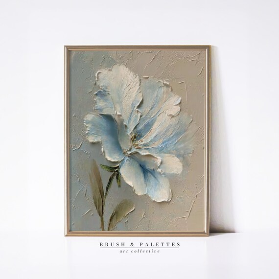 Pale Blue Flower In Thick Impasto Textured Neutral Floral Painting Poster
