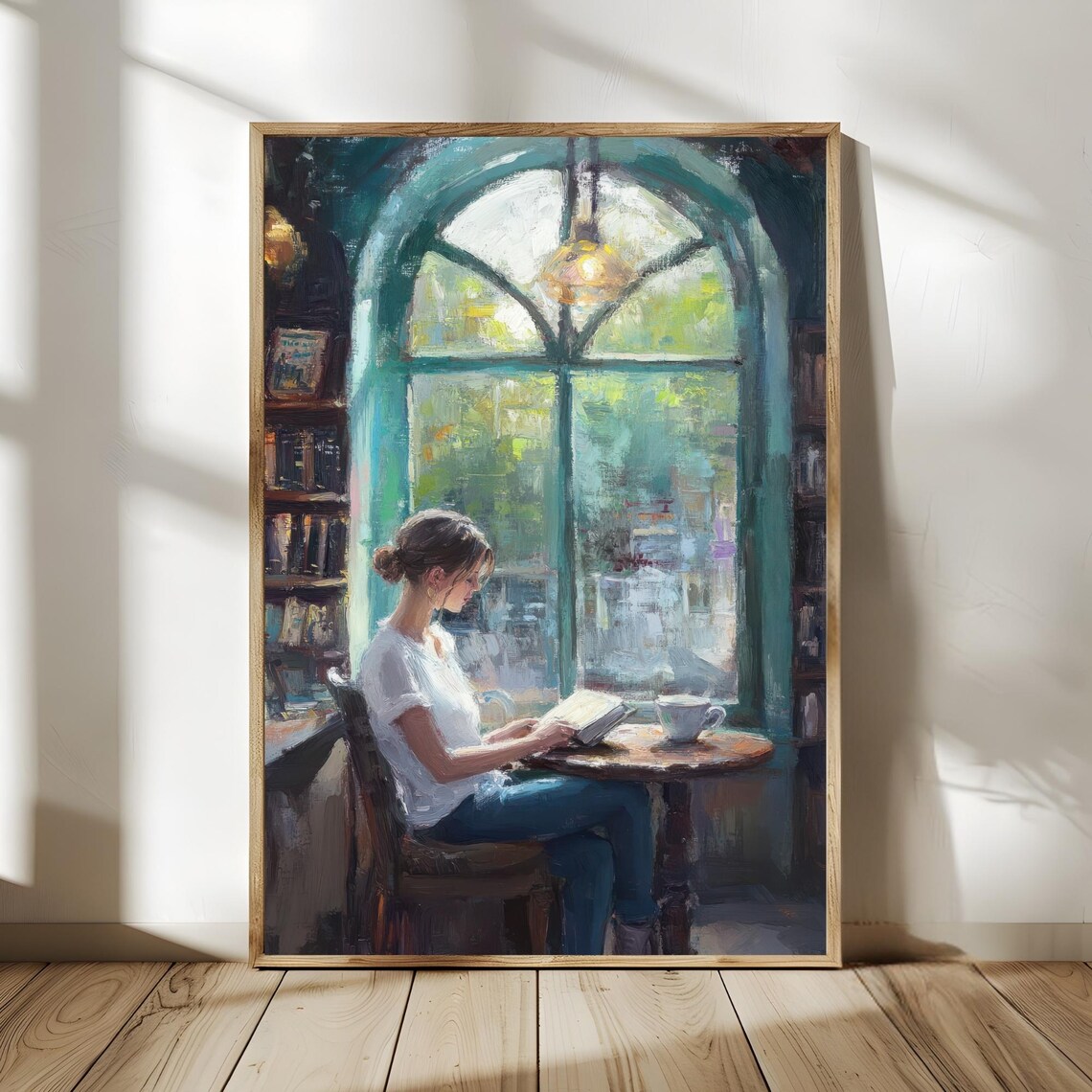Woman Reading in a Vintage Coffee Shop, Art Print