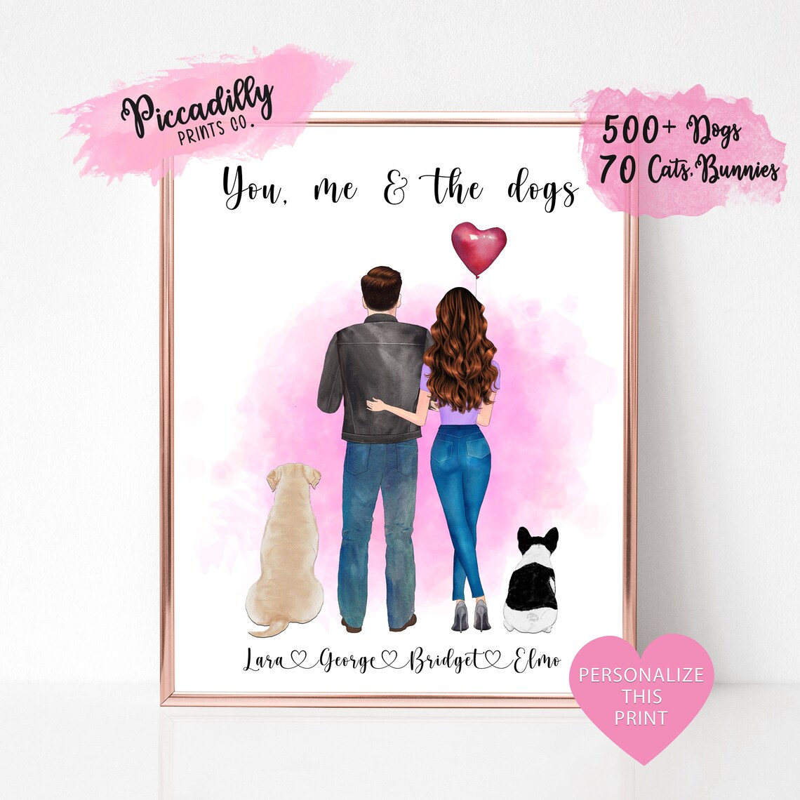 Custom Couple Portrait With Pets Personalised Print