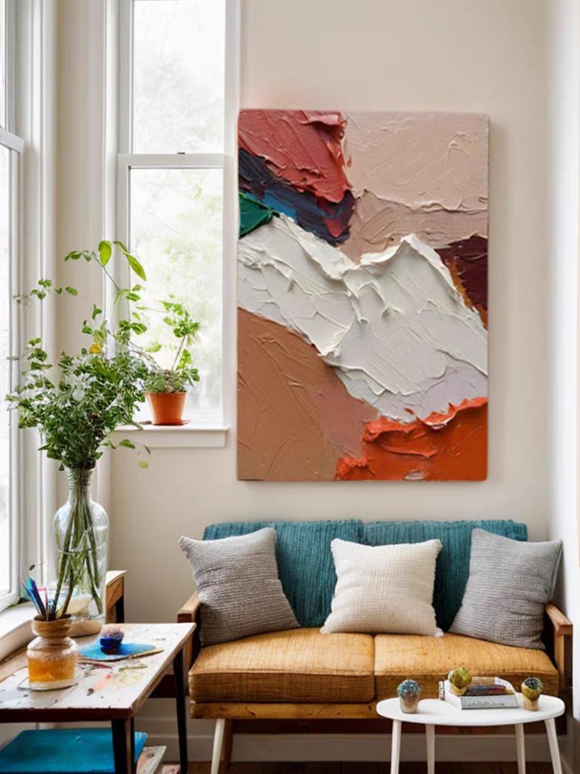 Rust Red and White Palette Knife Blocks Abstract Texture Poster - Image 2