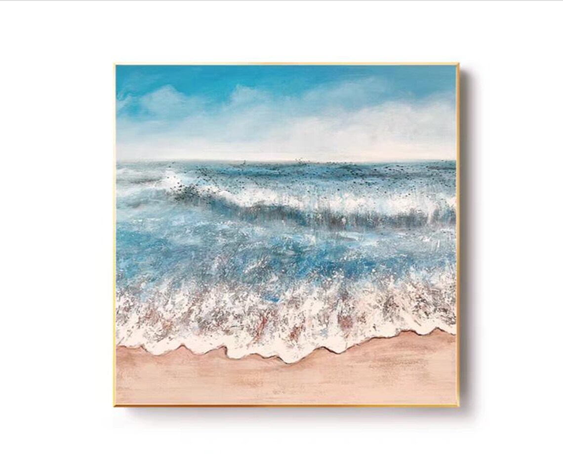 Ocean Waves Washing onto Sandy Beach Blue Seascape Art Poster - Image 2