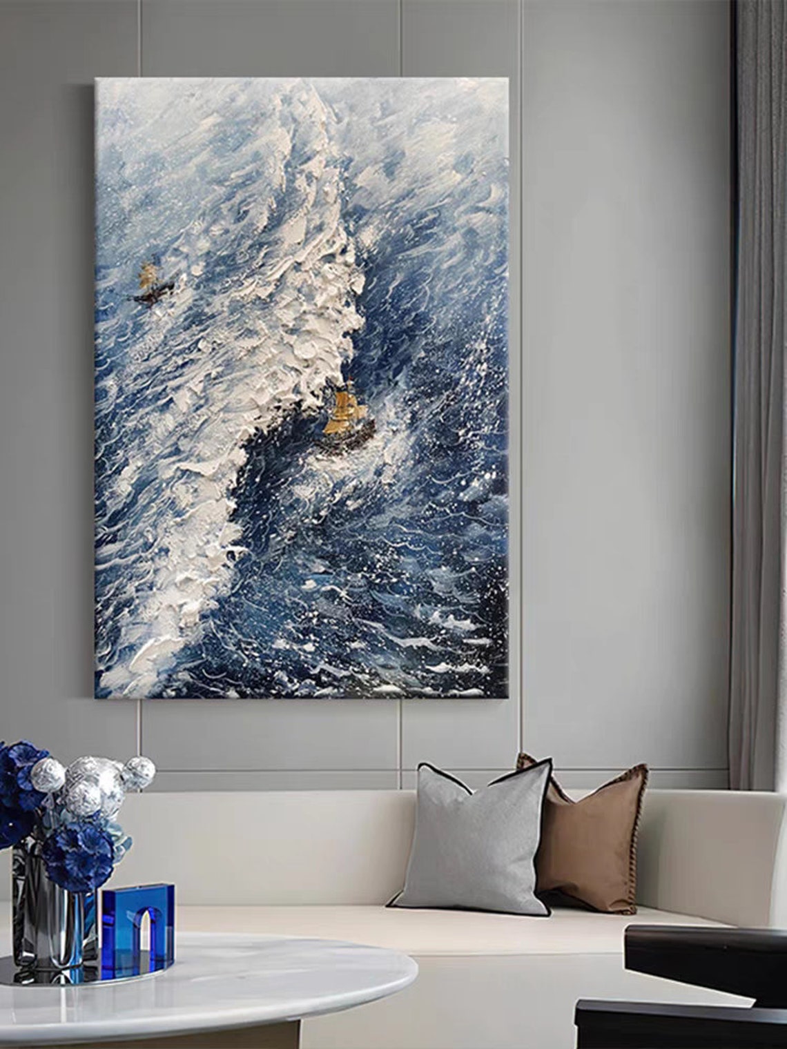 Tall Ship on Blue Ocean Waves Textured Nautical Seascape Poster - Image 3
