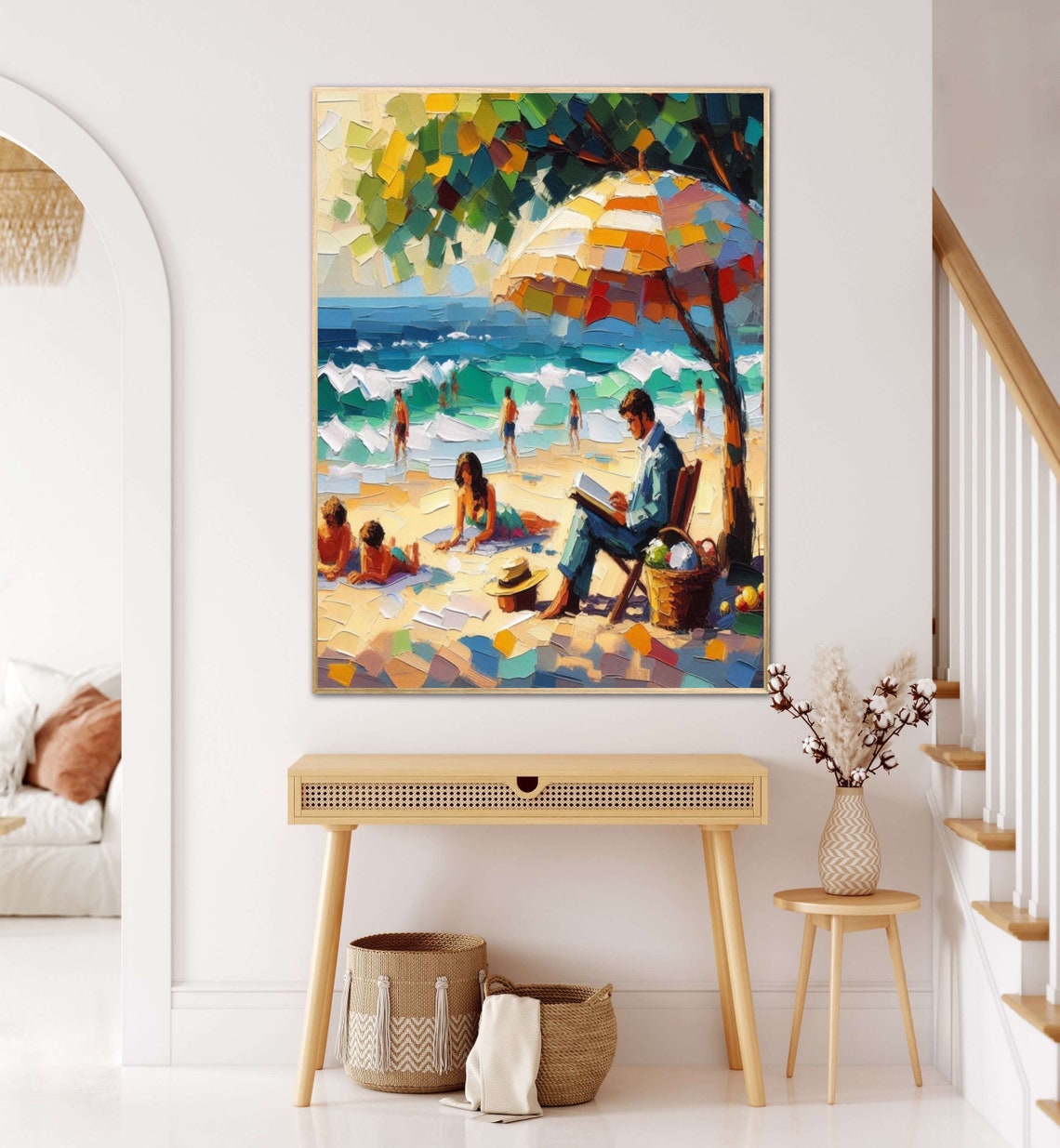 Family Beach Day Reading With Picnic Impasto Coastal Art Poster - Image 4