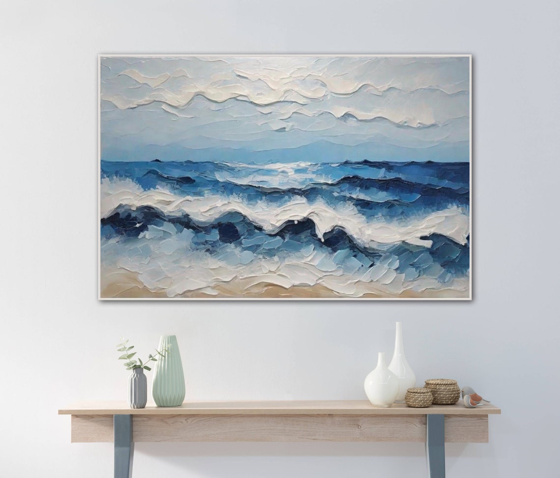 Thick Textured Blue Ocean Waves Abstract Palette Knife Poster - Image 4