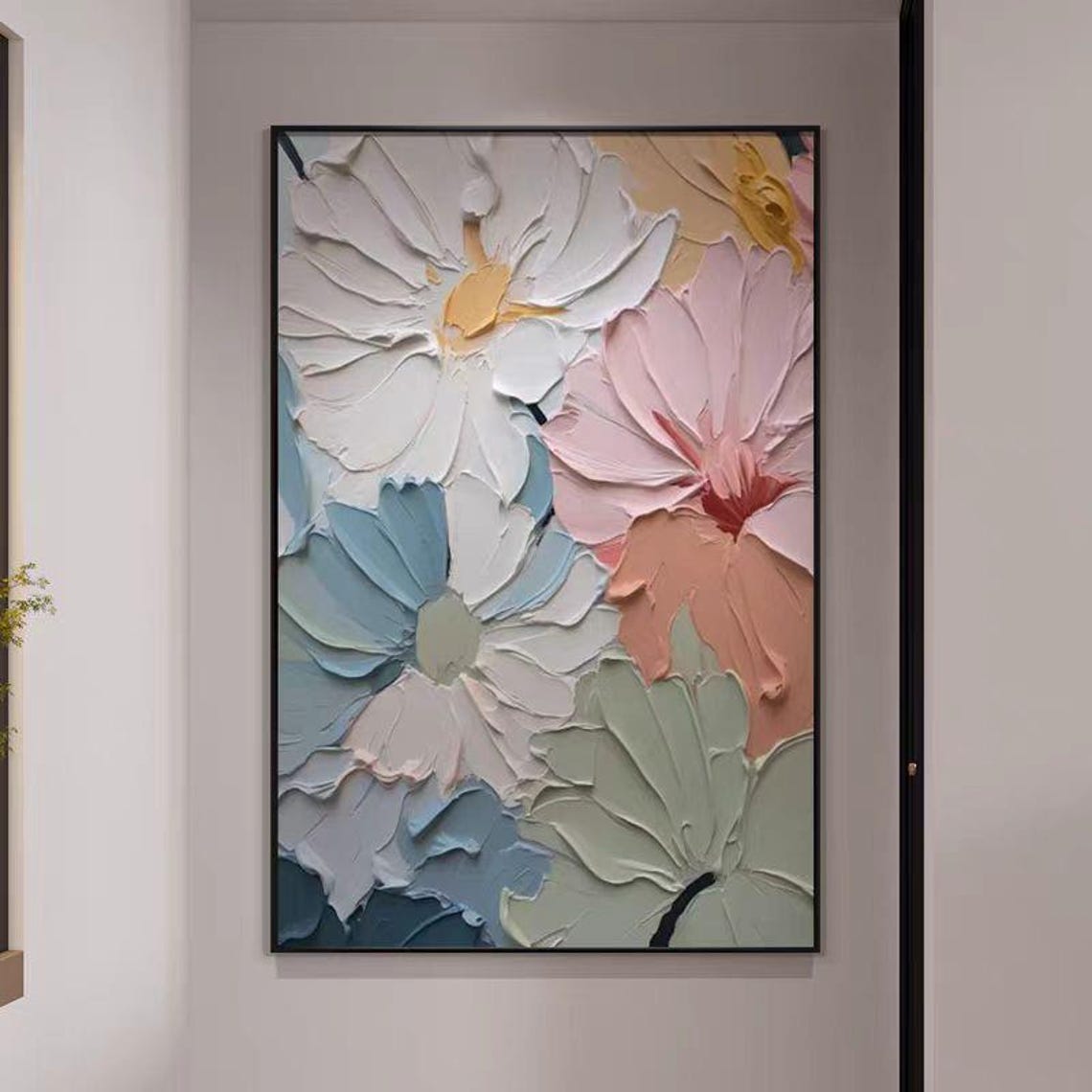 Large Colorful Blooms 3D Textured Impasto Floral Vertical Poster - Image 3