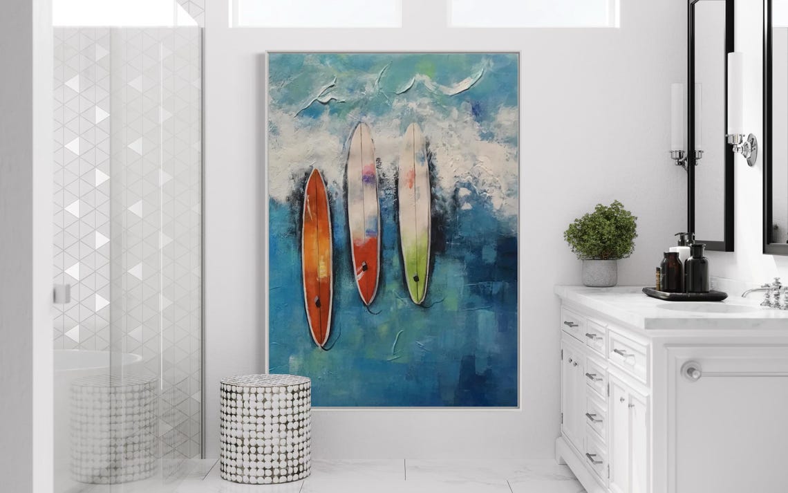 Three Surfboards on Blue Textured Ocean Waves Colorful Surf Poster - Image 3