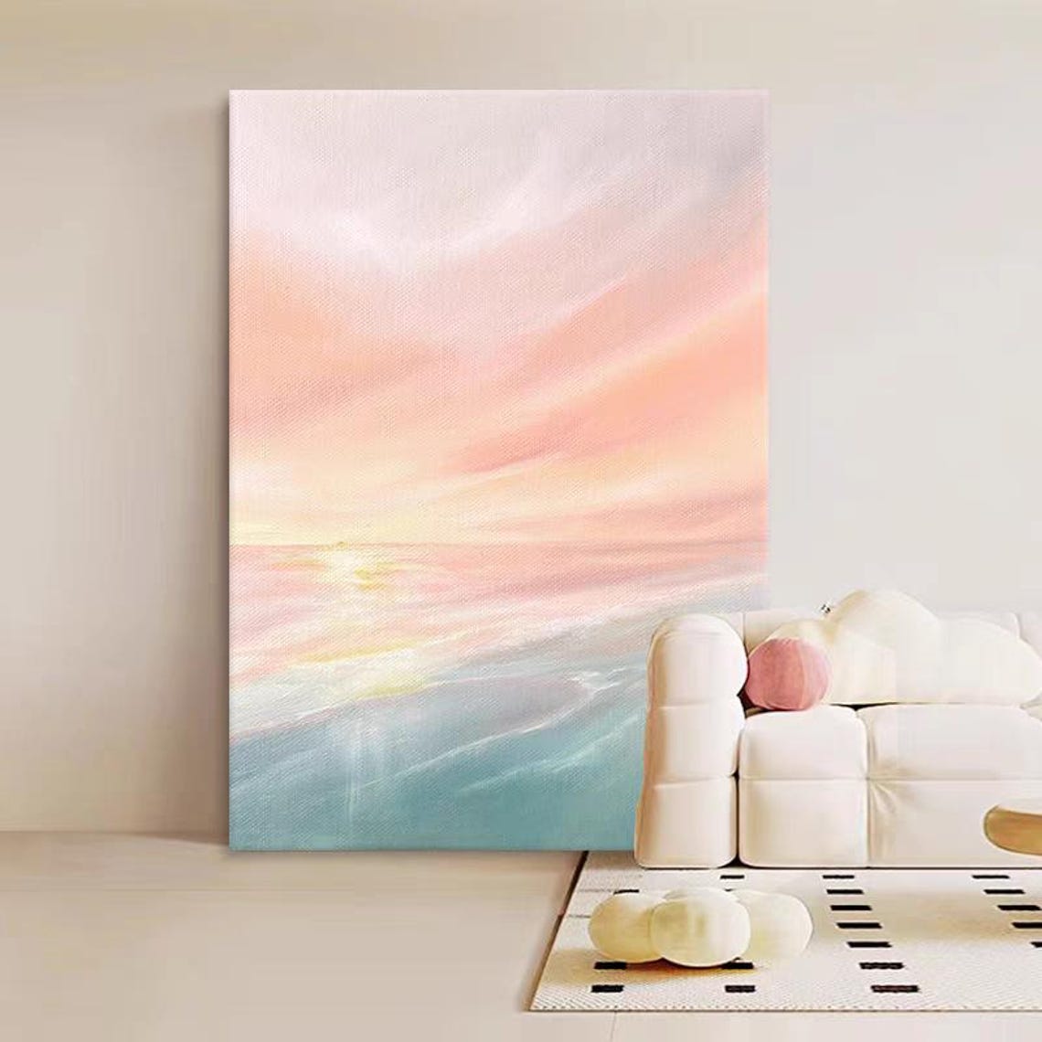 Soft Pastel Pink Sunset Sky over Calm Teal Ocean Waves Art Poster - Image 4