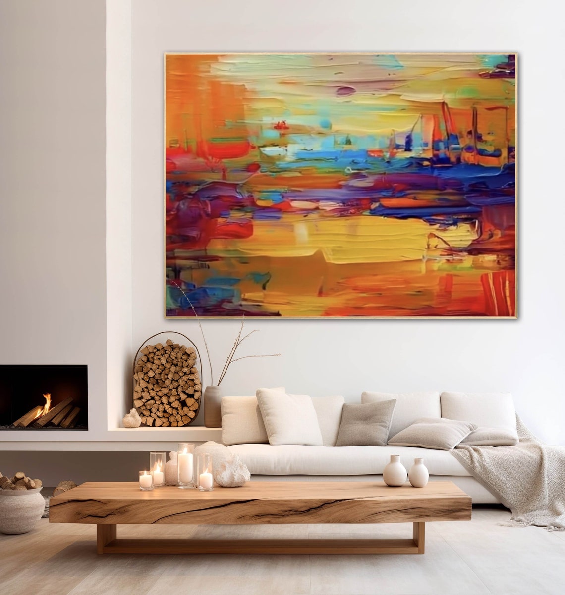 Warm Orange Abstract Sunset Landscape Impasto Style Art Poster - Image 3
