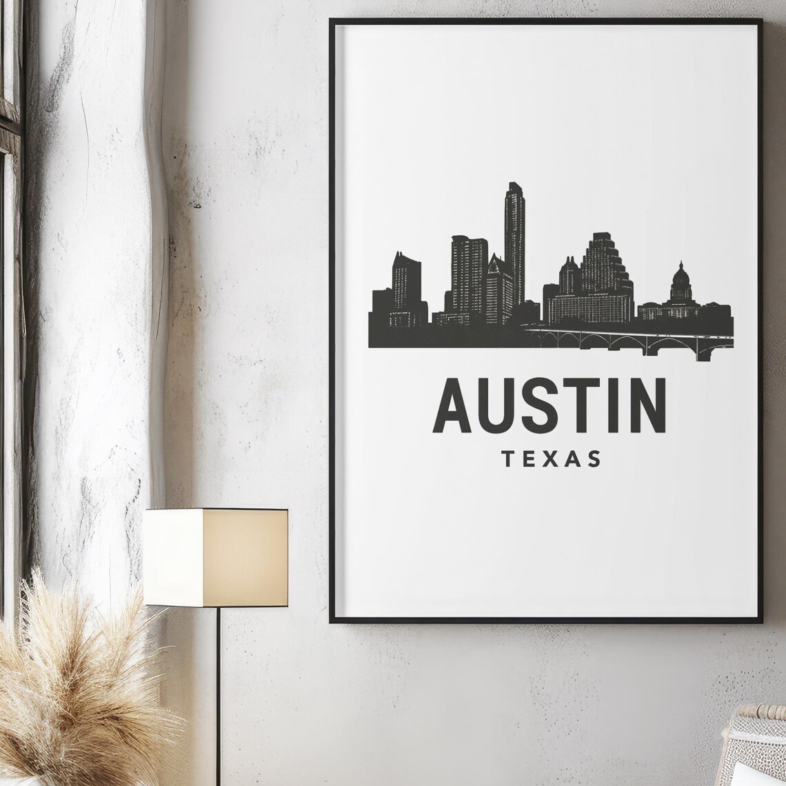 Austin Texas Minimalist Black and White Skyline Silhouette Poster