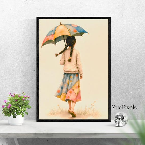 Watercolor Girl With Umbrella Art Print