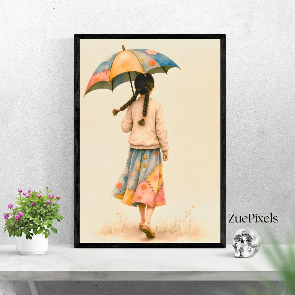 Watercolor Girl With Umbrella Art Print