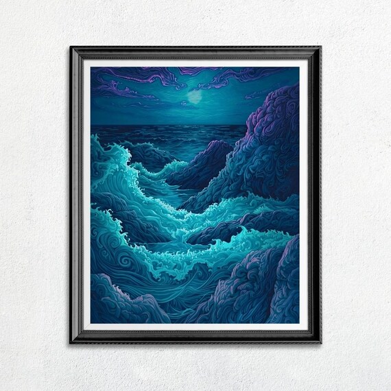 Swirling Turquoise Ocean Waves At Night Deep Blue Sea Wall Art