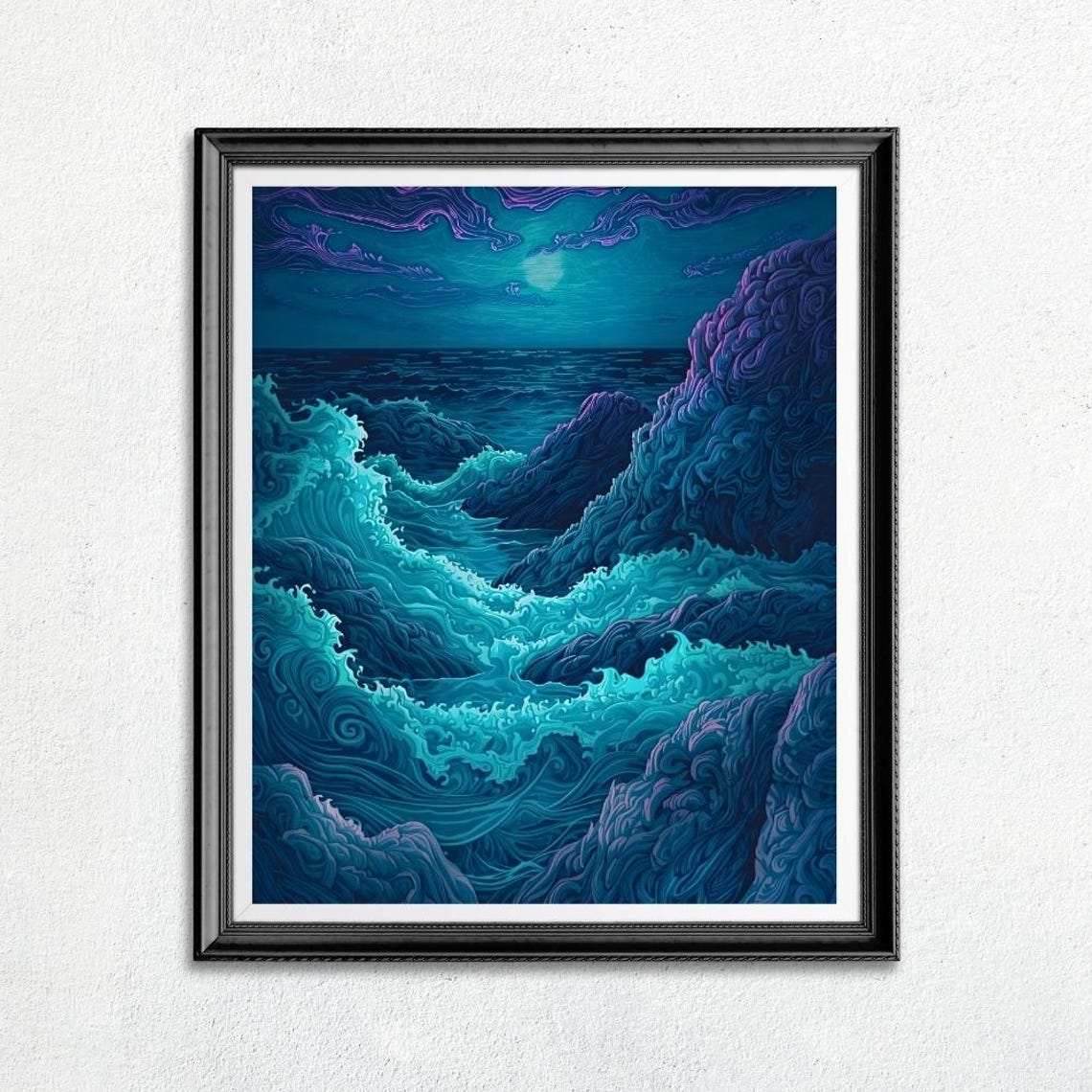 Swirling Turquoise Ocean Waves At Night Deep Blue Sea Wall Art