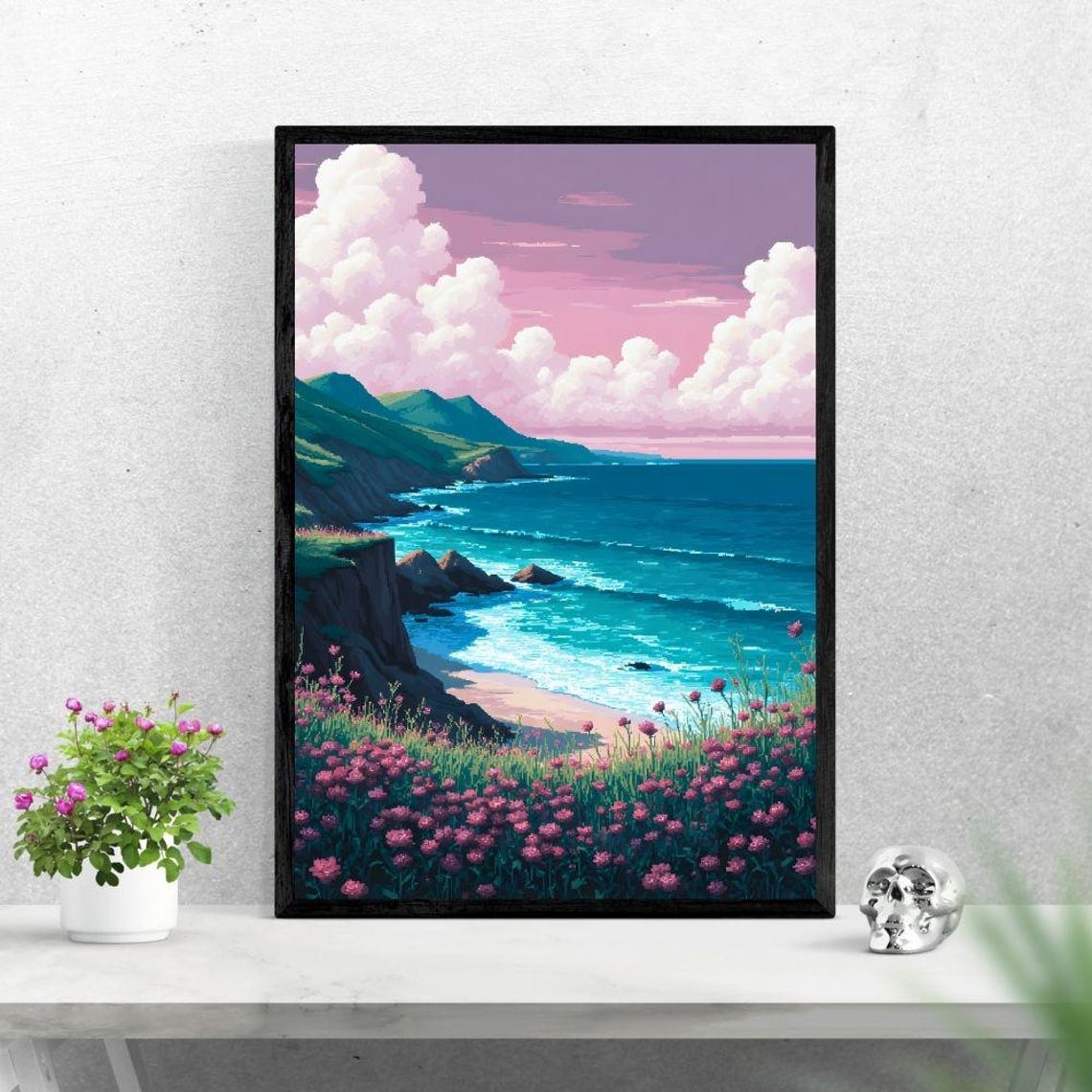 Pixel Art Coastal Cliffs At Sunset With Pink Clouds Ocean View Poster