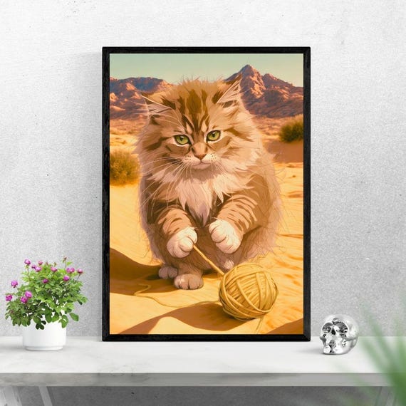 Cat With Yarn Desert Art Print, Whimsical Gift