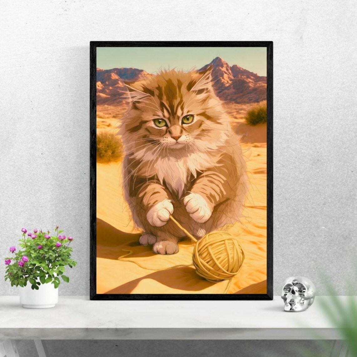 Cat With Yarn Desert Art Print, Whimsical Gift