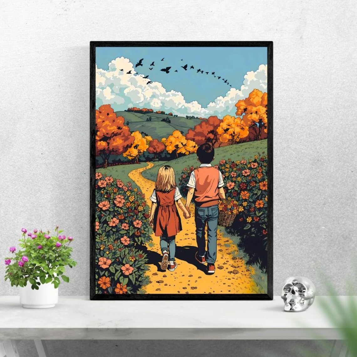 Autumn Floral Path Art Print, Friends Holding Hands