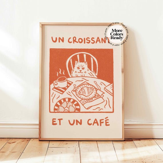 French Cat Coffee Print, Retro Kitchen Art Print