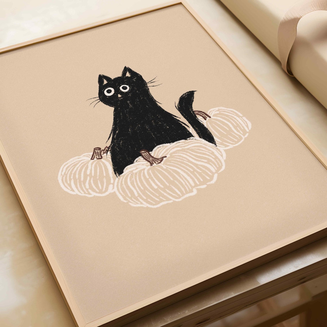 Cute Black Cat White Pumpkins Neutral Halloween Fall Wall Art - Image 4