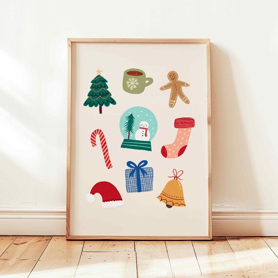 Cute Christmas Icons Collage Tree Gingerbread Snowman Holiday Poster