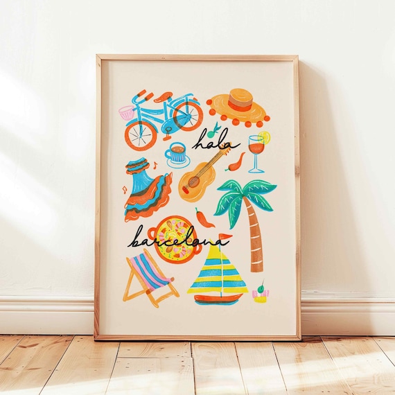 Barcelona Retro Print Spain Travel Food Poster Colorful Barcelona Wall Art Cute Mediterranean Decor