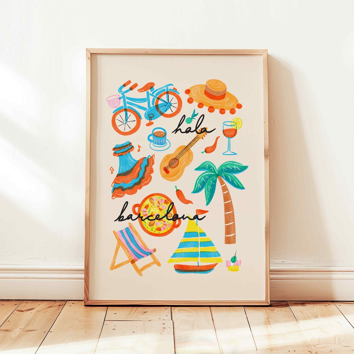 Barcelona Hola Retro Travel Food Icons Colorful Spain Poster