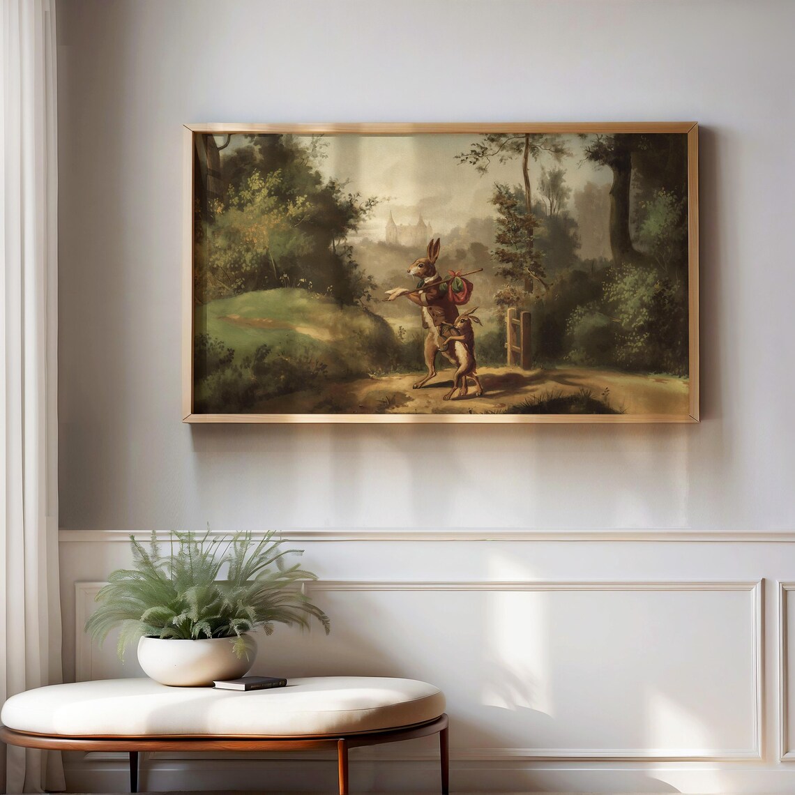 Vintage Hares Walking Forest Path Church Spire Oil Painting Poster - Image 2