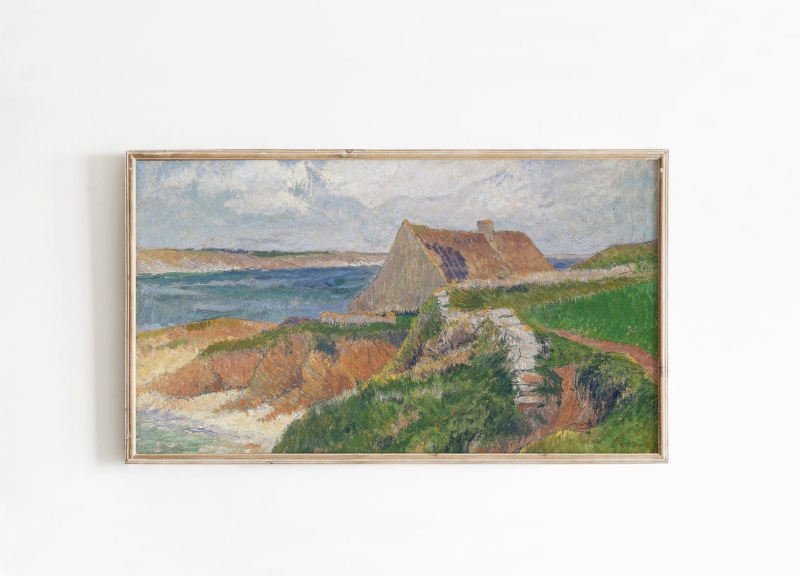 Coastal Stone Cottage Cliff Impressionist Seascape Painting Poster