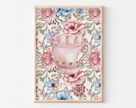 Tea With Grandma Print Antique Tea Cup Wall Art Trendy Apartment Decor Abstract Vintage Painting Cottagecore Decor Wall Art