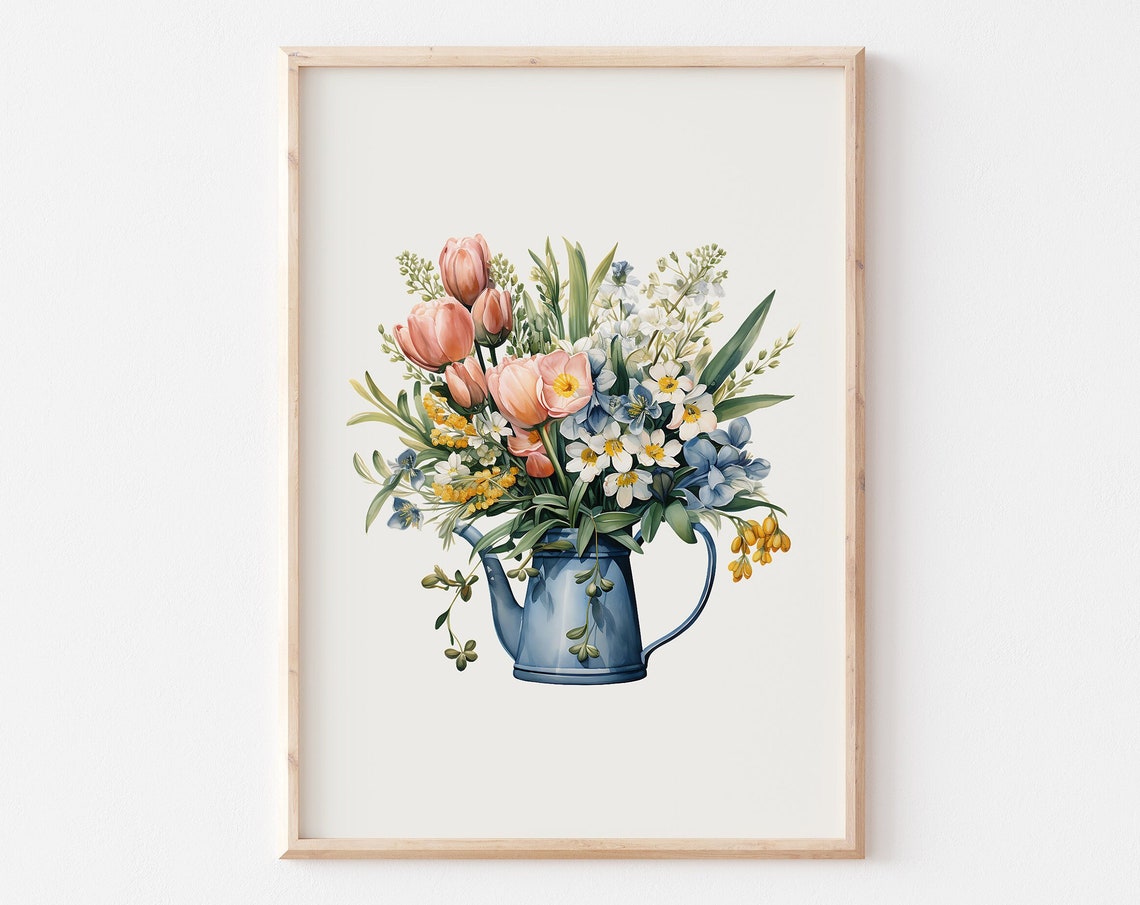 Peach Tulips and Meadow Flowers in a Blue Pitcher Watercolor Poster