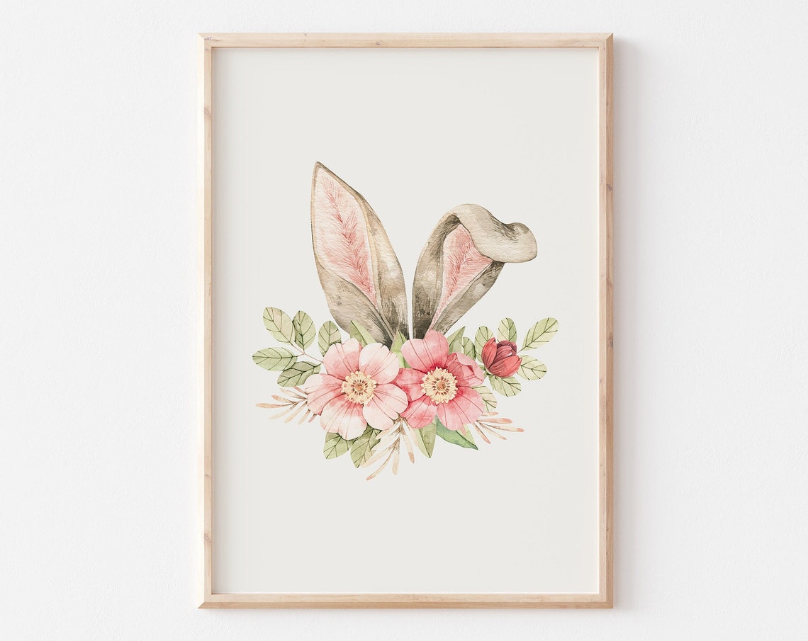 Watercolor Bunny Ears With Pink Blossoms Easter Nursery Poster