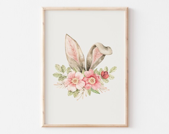 Watercolor Bunny Ears With Pink Blossoms Easter Nursery Poster