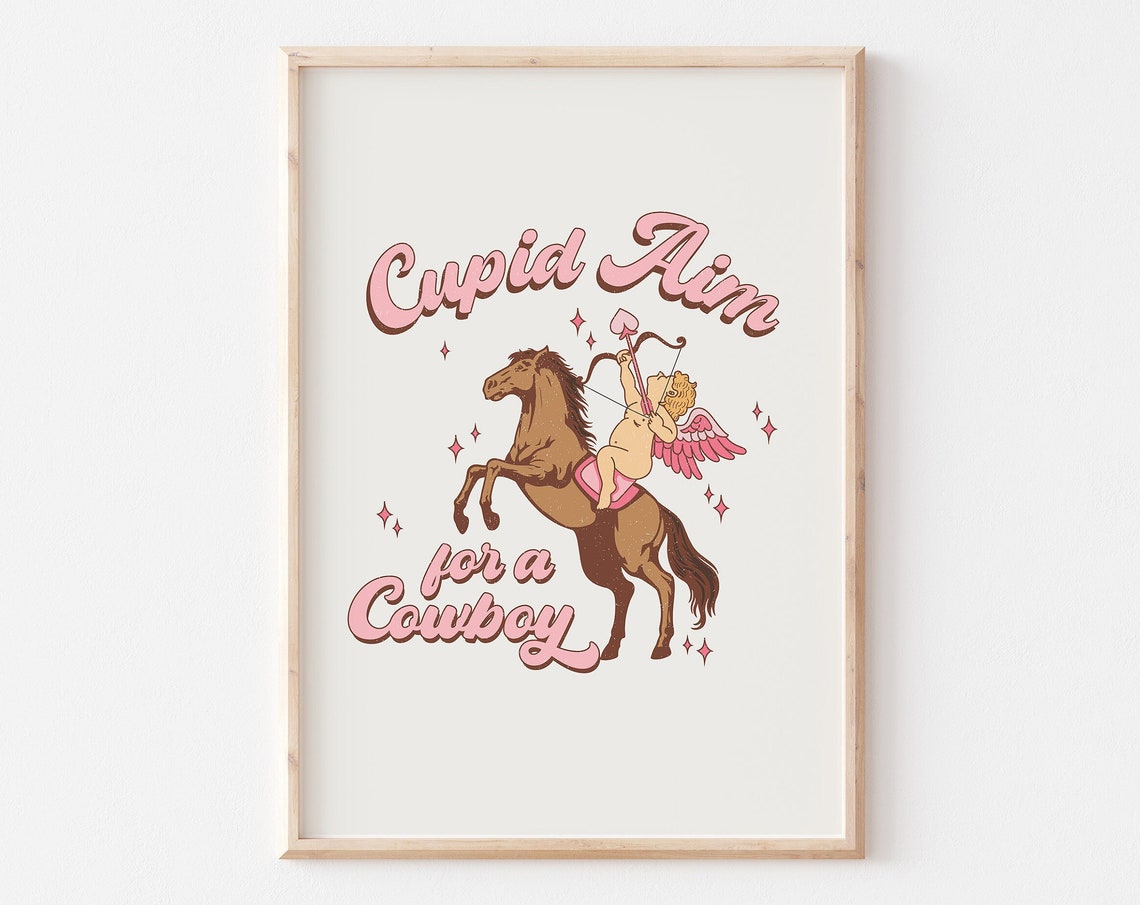 Cupid Aim For A Cowboy Retro Pink Western Valentine Quote Poster