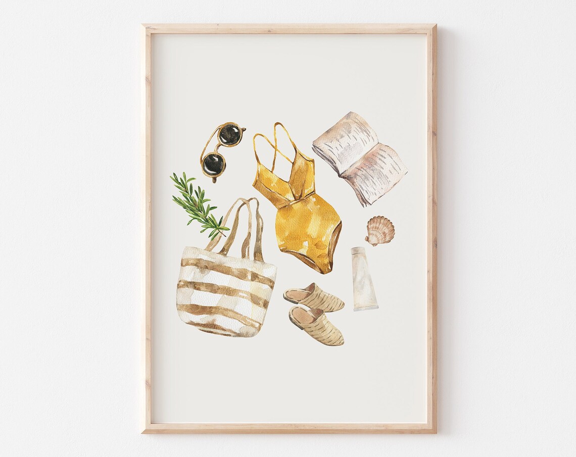 Mustard Yellow Swimsuit Striped Tote Beach Day Watercolor Poster