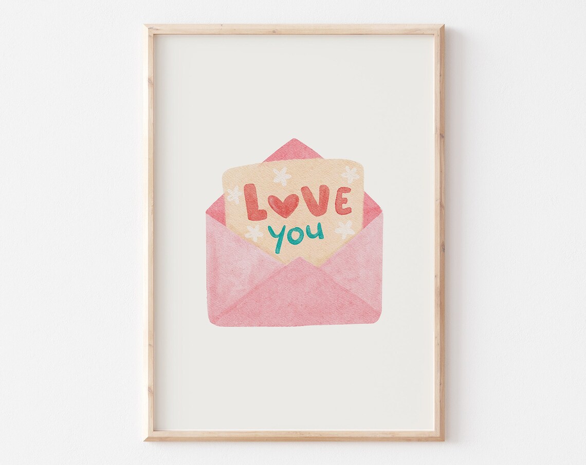 Love You Pink Envelope Watercolor Card Valentine's Day Art Print