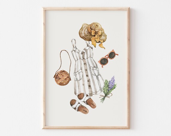 Striped Sundress Straw Hat Rattan Bag Summer Outfit Watercolor Poster