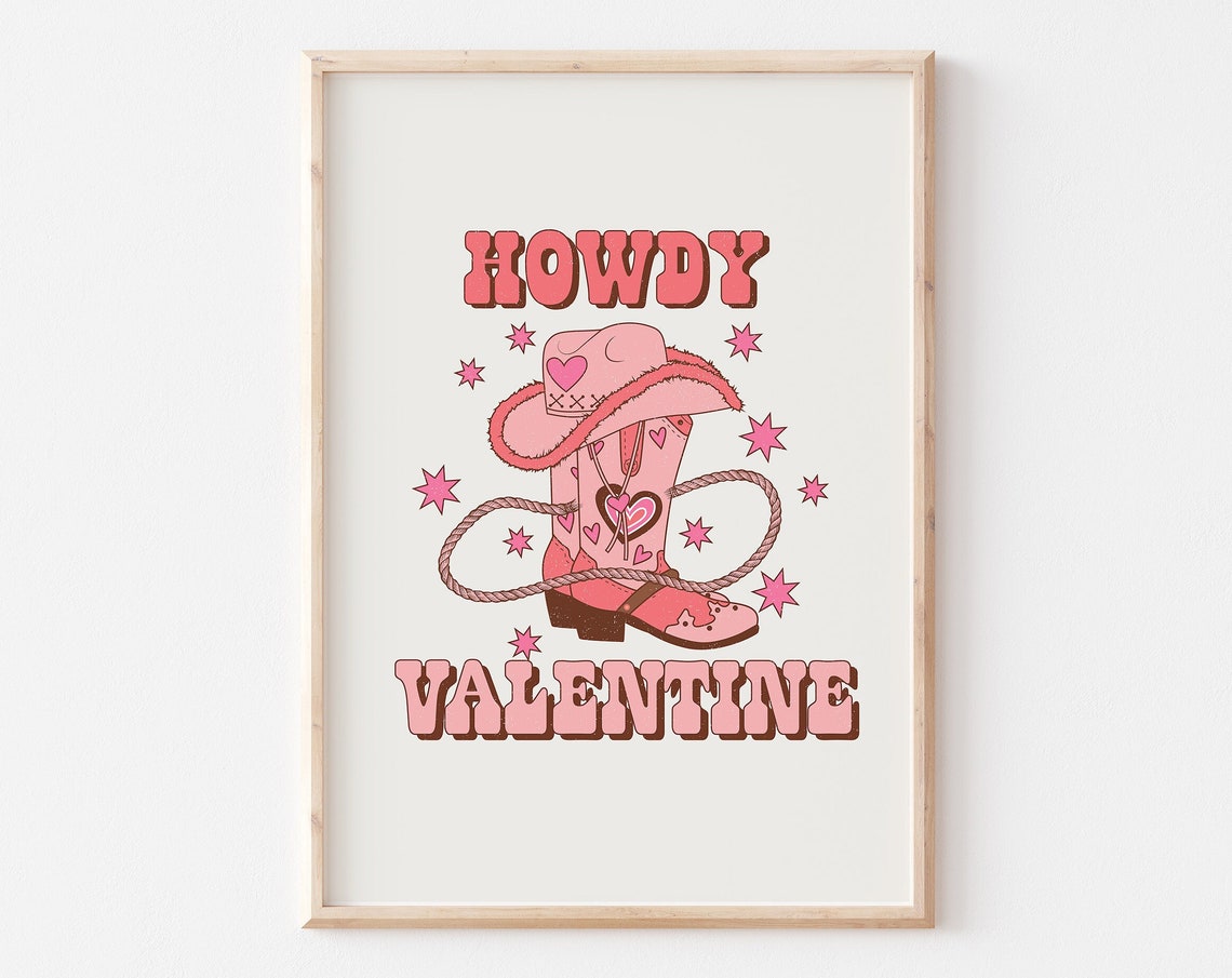Howdy Valentine Pink Cowboy Boot Western Retro Art Poster Design