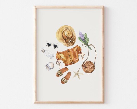 Summer Beach Outfit Amber Cami Leopard Slides Rattan Bag Watercolor Poster
