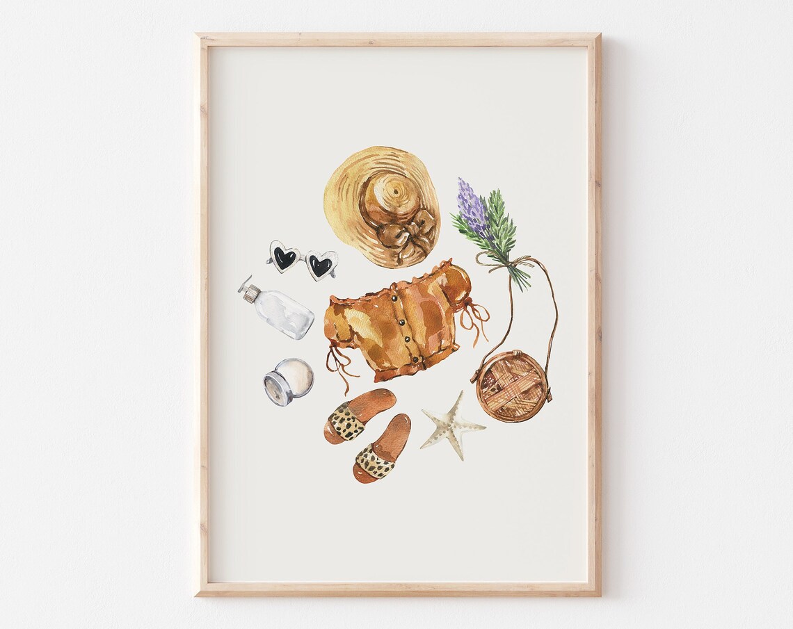 Summer Beach Outfit Amber Cami Leopard Slides Rattan Bag Watercolor Poster