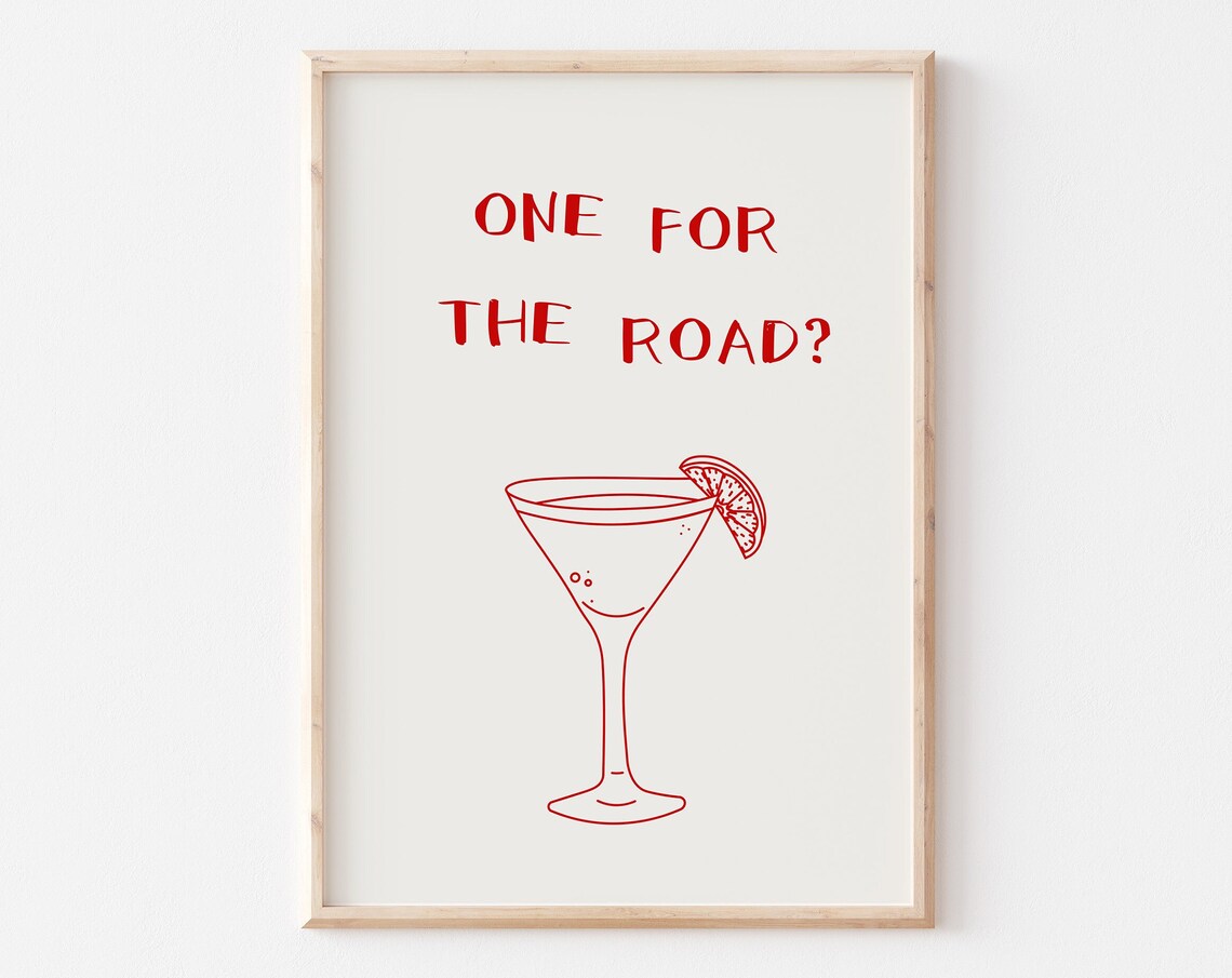 One For The Road Red Martini Cocktail Line Drawing Bar Quote Print