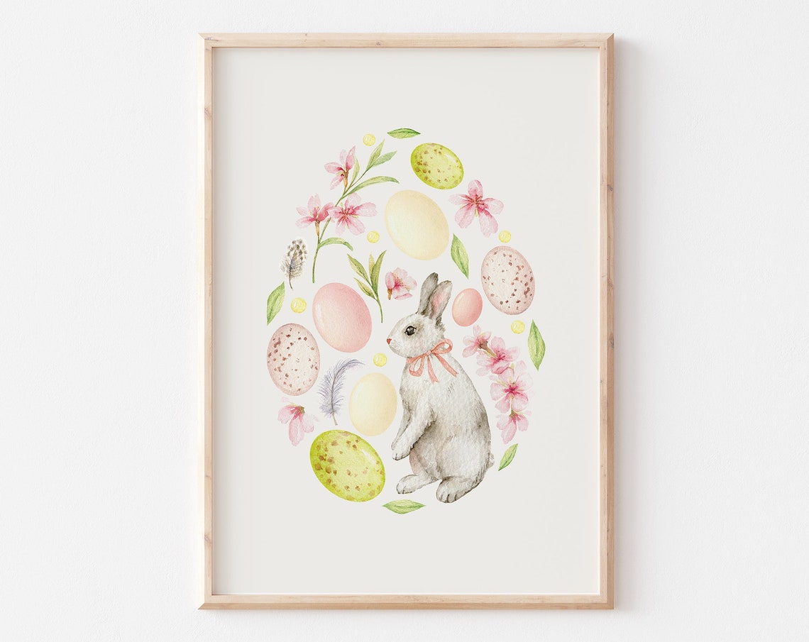 Watercolor Easter Bunny With Painted Eggs And Cherry Blossoms Poster - Image 4