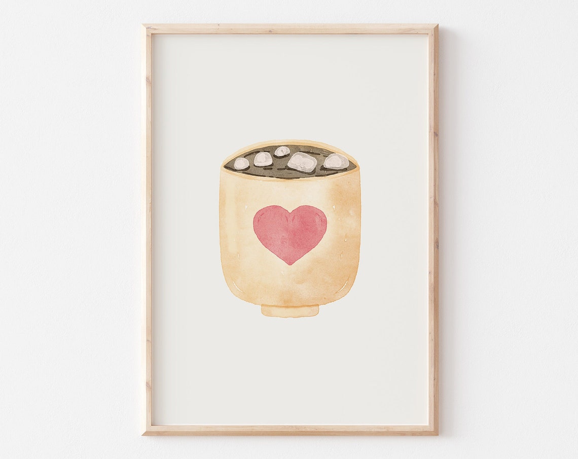 Cozy Cocoa Mug Watercolor Heart Marshmallow Kitchen Wall Art