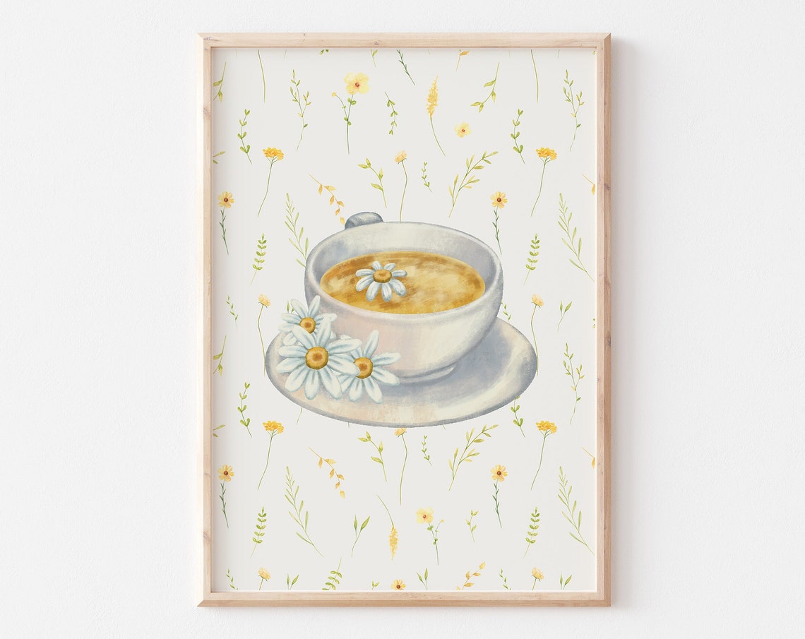 Daisy Topped Tea Cup on Wildflower Pattern Watercolor Floral Poster