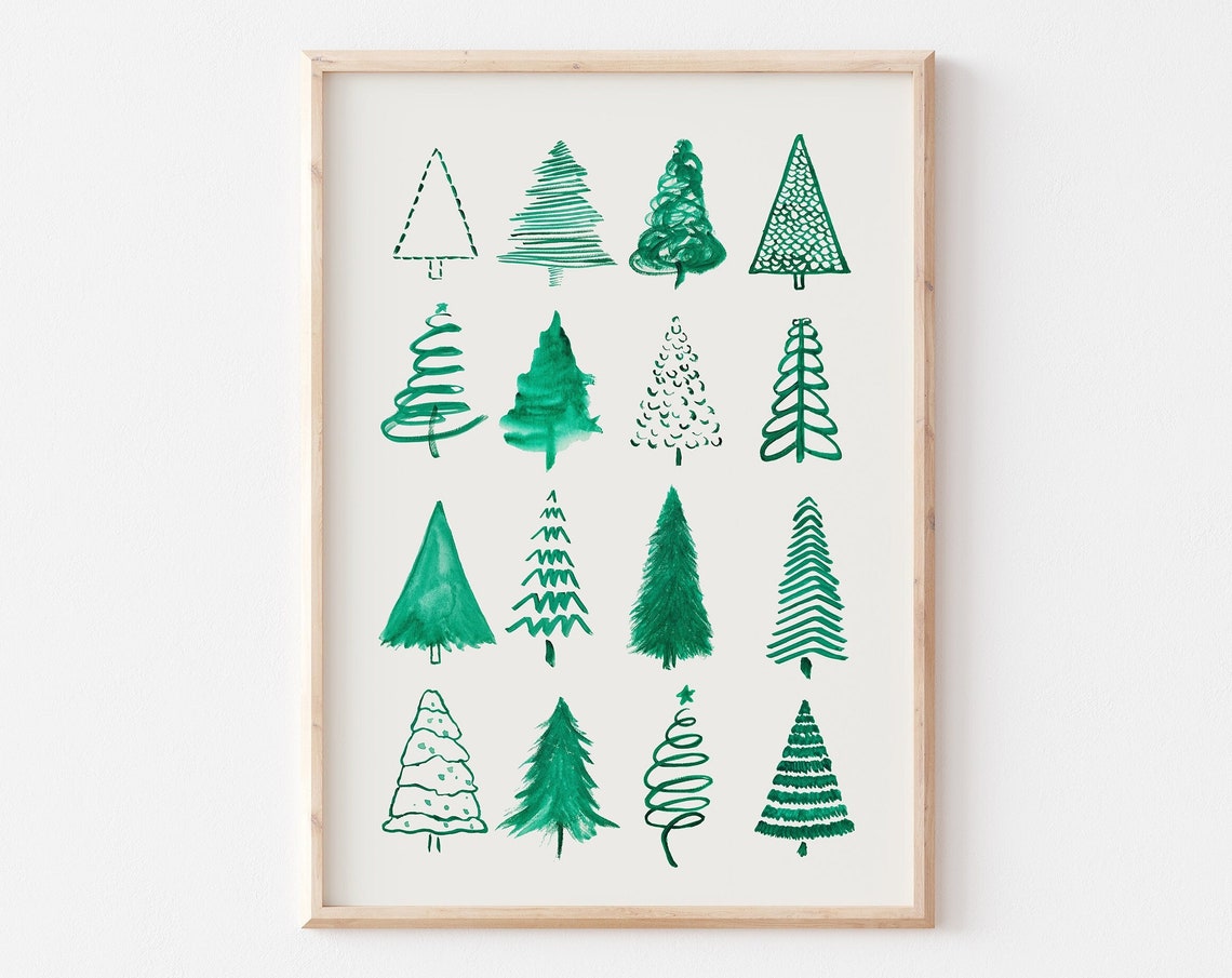 Hand Drawn Pine Trees Christmas Doodle Minimalist Art Poster
