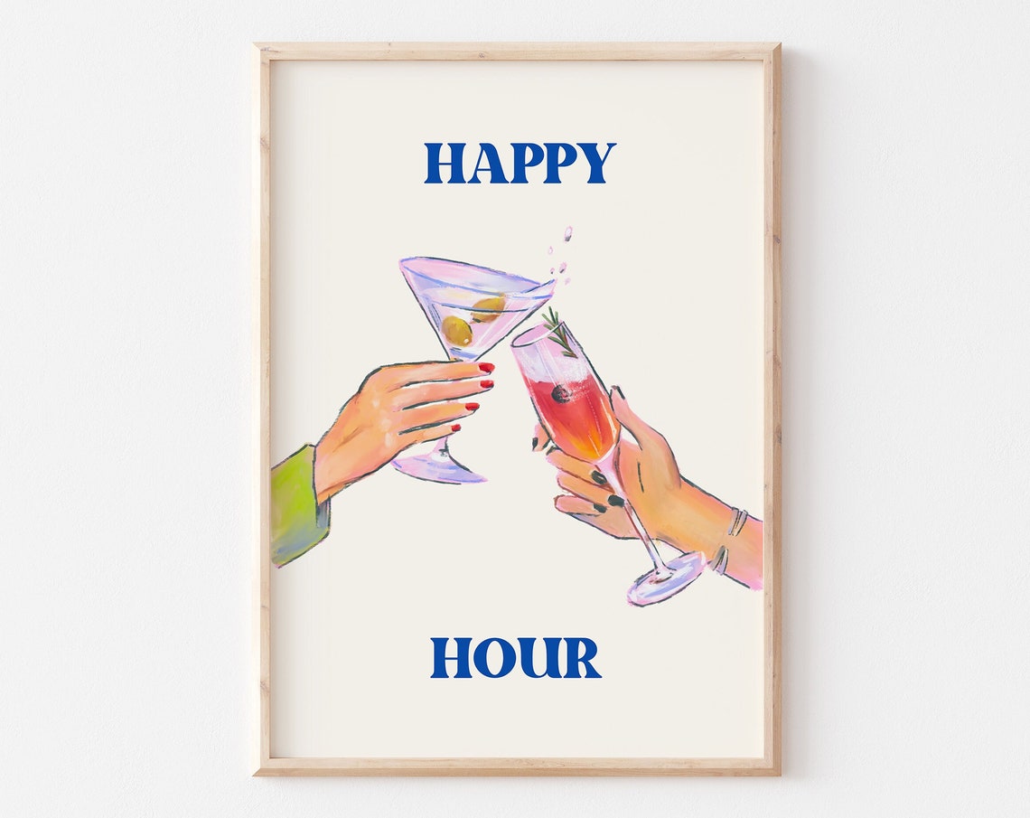 Happy Hour Martini and Spritz Toast Hands Blue Cocktail Bar Poster - Image 5
