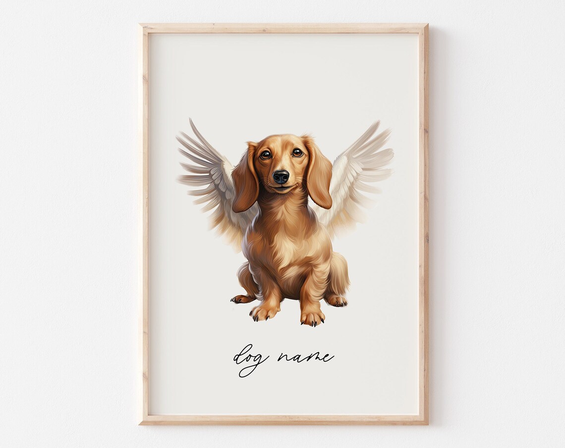 Dachshund Angel Wings Sitting Dog Memorial Portrait Keepsake Poster