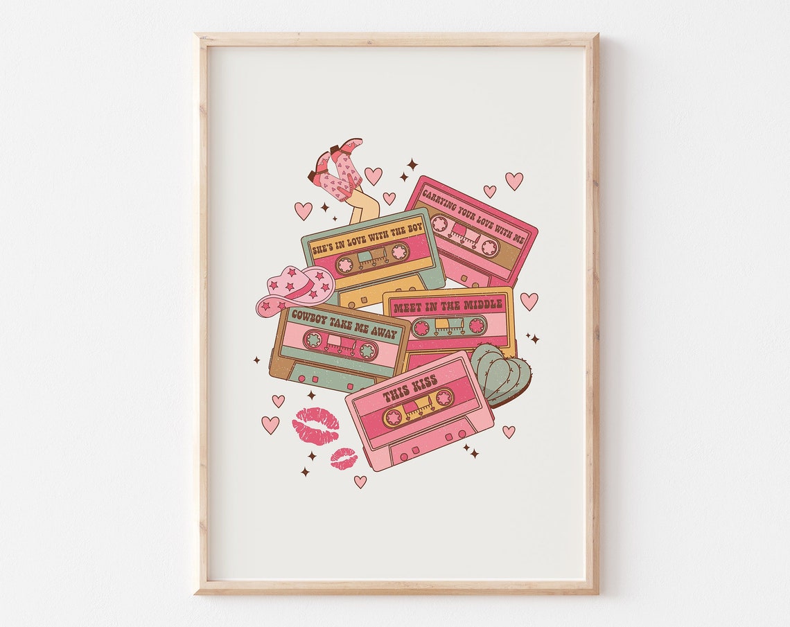 Retro Cassette Tapes Cowboy Love Songs Valentine's Day Wall Art