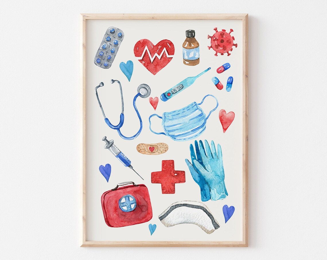 Watercolor Nurse Medical Icons Stethoscope Syringe Heart Poster