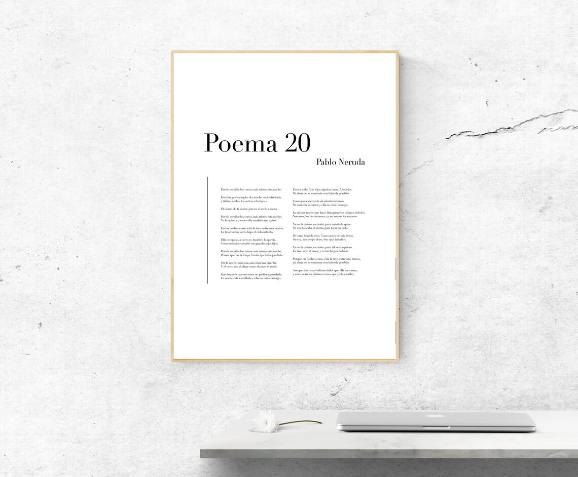 Poema 20 By Pablo Neruda, Spanish Poetry Poster